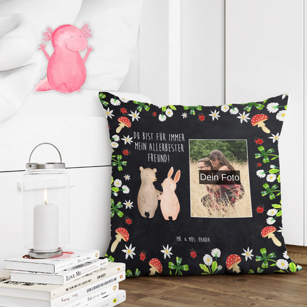 Personalized Photo Pillow bear and rabbit Embrace Personalisiertes Foto Kissen, Liebe, Partner, Freund, Freundin, Ehemann, Ehefrau, Heiraten, Verlobung, Heiratsantrag, Liebesgeschenk, Jahrestag, Hocheitstag, Bär, bester Freund, Hase, Bärchen, best friends, Freunde