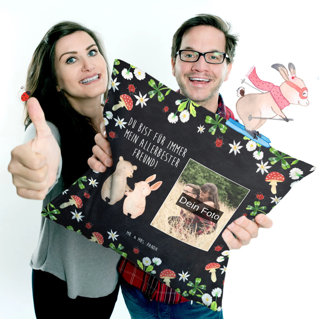 Personalized Photo Pillow bear and rabbit Embrace Personalisiertes Foto Kissen, Liebe, Partner, Freund, Freundin, Ehemann, Ehefrau, Heiraten, Verlobung, Heiratsantrag, Liebesgeschenk, Jahrestag, Hocheitstag, Bär, bester Freund, Hase, Bärchen, best friends, Freunde