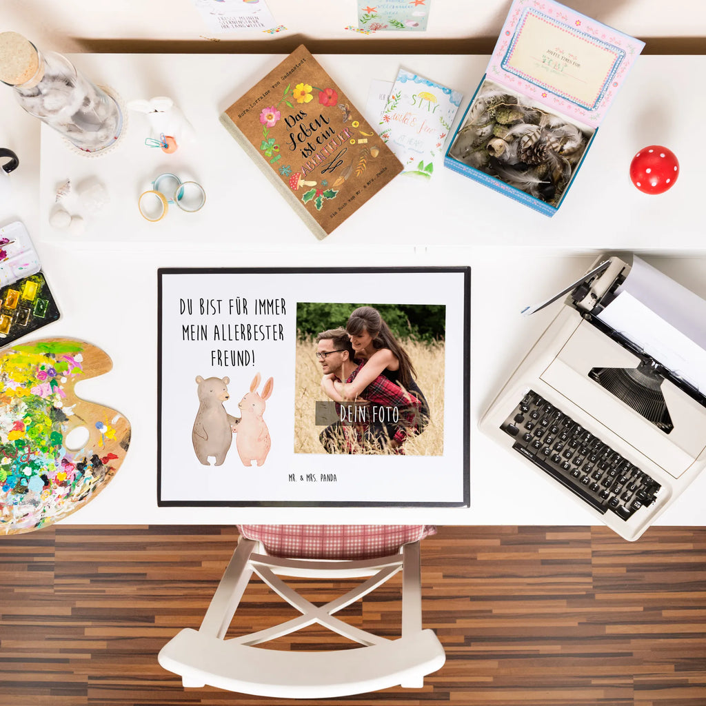 Personalized Photo Desk Mat bear and rabbit Embrace Personalisierte Foto Schreibtischunterlage, Liebe, Partner, Freund, Freundin, Ehemann, Ehefrau, Heiraten, Verlobung, Heiratsantrag, Liebesgeschenk, Jahrestag, Hocheitstag, bester Freund, Bär, Bärchen, best friends, Hase, Freunde