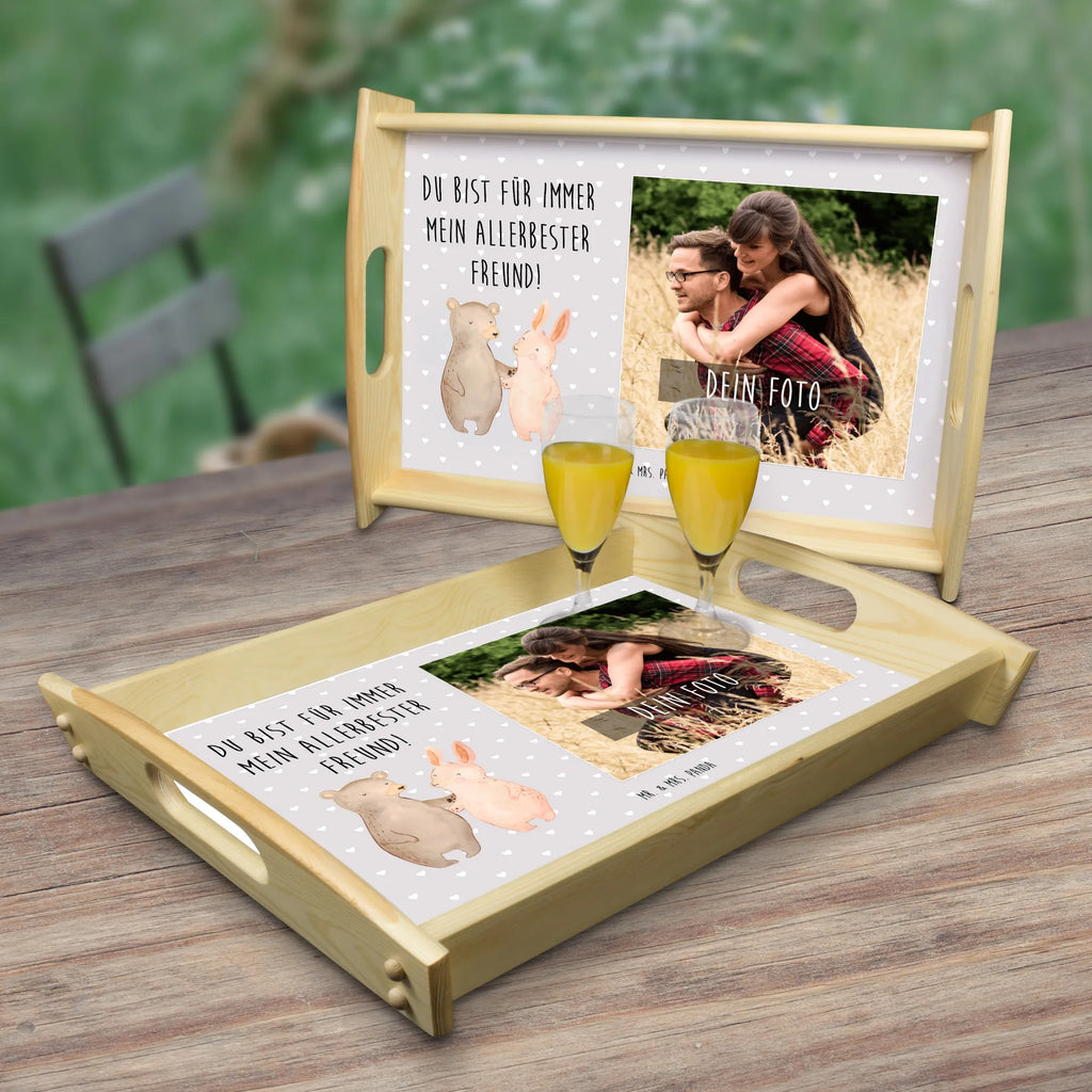 Personalized Photo Serving Tray bear and rabbit Embrace Personalisiertes Service Tablett, Liebe, Partner, Freund, Freundin, Ehemann, Ehefrau, Heiraten, Verlobung, Heiratsantrag, Liebesgeschenk, Jahrestag, Hocheitstag, Freunde, Bärchen, best friends, Bär, Hase, bester Freund
