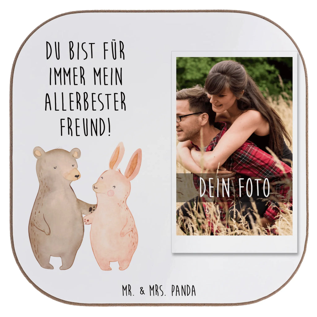 Personalized Photo Coaster bear and rabbit Embrace Personalisierter Foto Untersetzer, Liebe, Partner, Freund, Freundin, Ehemann, Ehefrau, Heiraten, Verlobung, Heiratsantrag, Liebesgeschenk, Jahrestag, Hocheitstag, Hase, Bär, best friends, Bärchen, bester Freund, Freunde