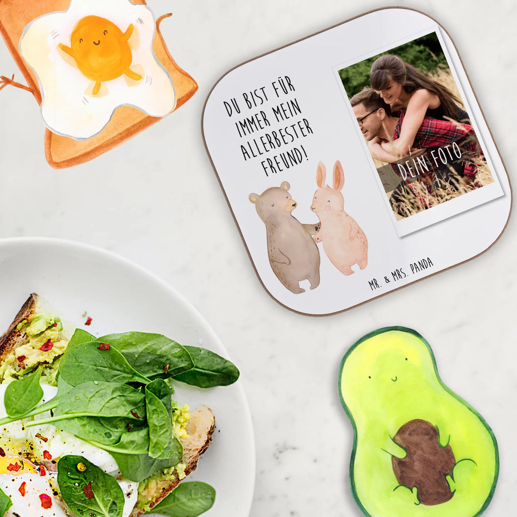 Personalized Photo Coaster bear and rabbit Embrace Personalisierter Foto Untersetzer, Liebe, Partner, Freund, Freundin, Ehemann, Ehefrau, Heiraten, Verlobung, Heiratsantrag, Liebesgeschenk, Jahrestag, Hocheitstag, Hase, Bär, best friends, Bärchen, bester Freund, Freunde