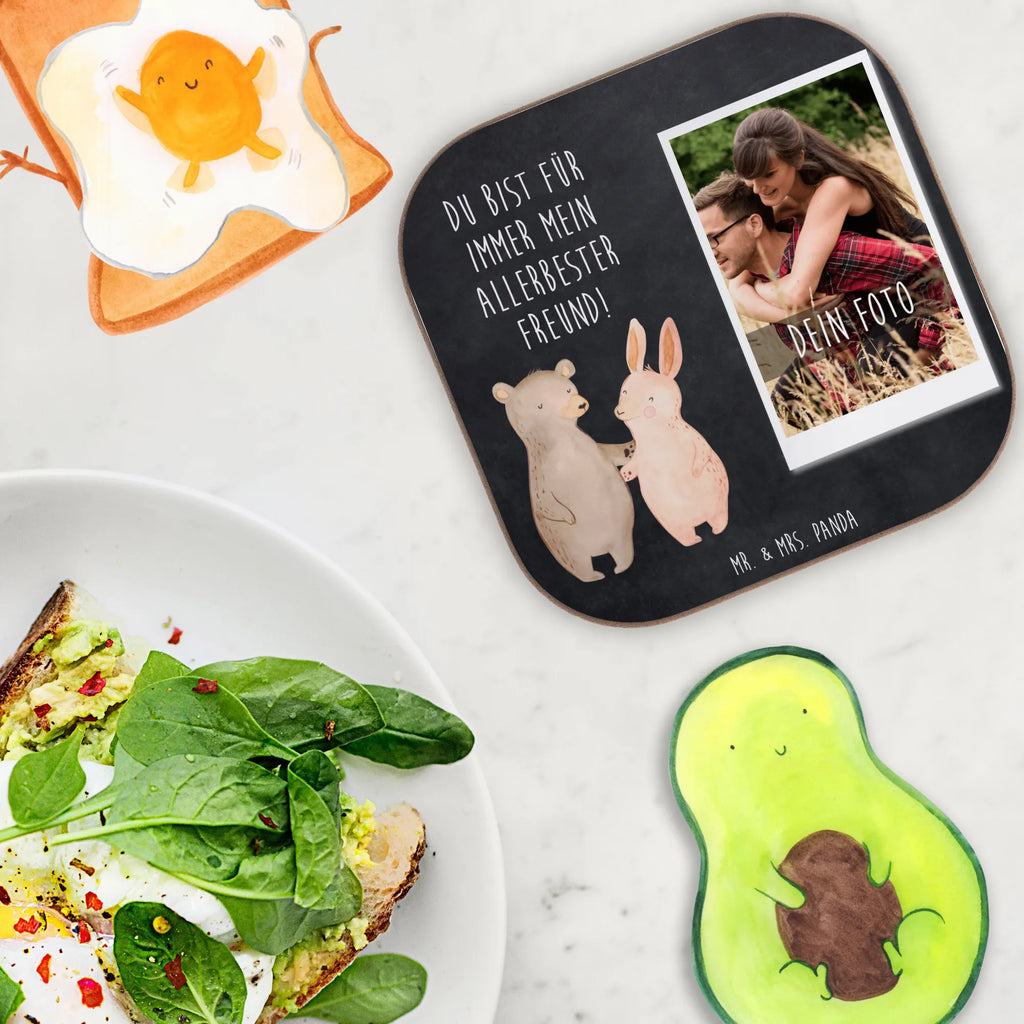 Personalized Photo Coaster bear and rabbit Embrace Personalisierter Foto Untersetzer, Liebe, Partner, Freund, Freundin, Ehemann, Ehefrau, Heiraten, Verlobung, Heiratsantrag, Liebesgeschenk, Jahrestag, Hocheitstag, Hase, Bär, best friends, Bärchen, bester Freund, Freunde