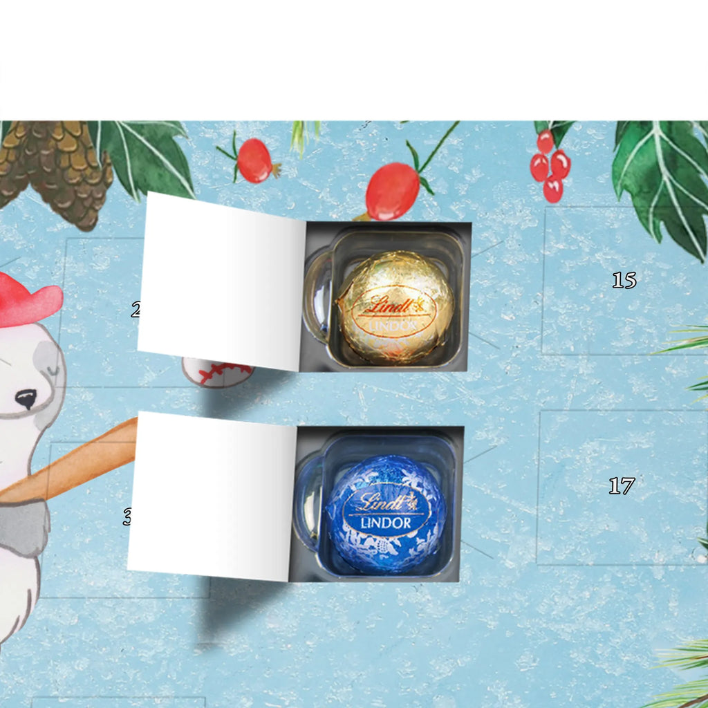 Chocolate advent calendar panda playing baseball giving, Gift, thank you, award, profit, athlete, baseball club, baseball field, play baseball, baseball games, ball sports