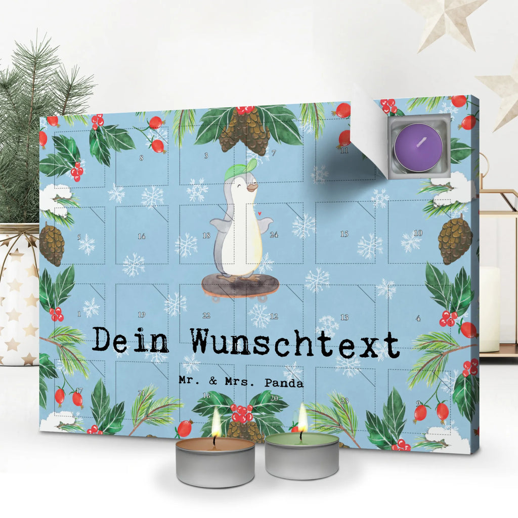 Personalisierter Duftkerzen Adventskalender Pinguin Skateboarden Personalisierter Duftkerzen Adventskalender, Geschenk, Schenken, Sport, Sportart, Hobby, Danke, Dankeschön, Auszeichnung, Gewinn, Sportler, Skateplatz, Skateboard fahren, Skateboard, Skaten, Skateboarden
