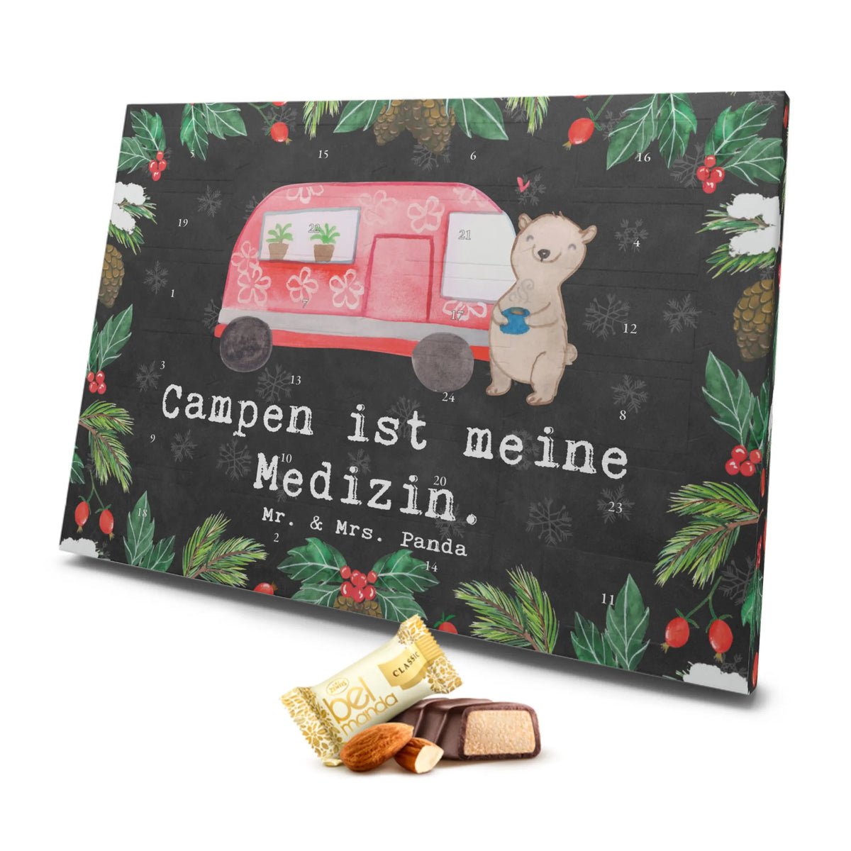Marzipan Adventskalender Bär Camper Marzipan Adventskalender, Geschenk, Sport, Sportart, Hobby, Schenken, Danke, Dankeschön, Auszeichnung, Gewinn, Sportler, Wohnmobil, Roadtrip, Camper, Campingplatz, Zelten, Urlaub, Campen