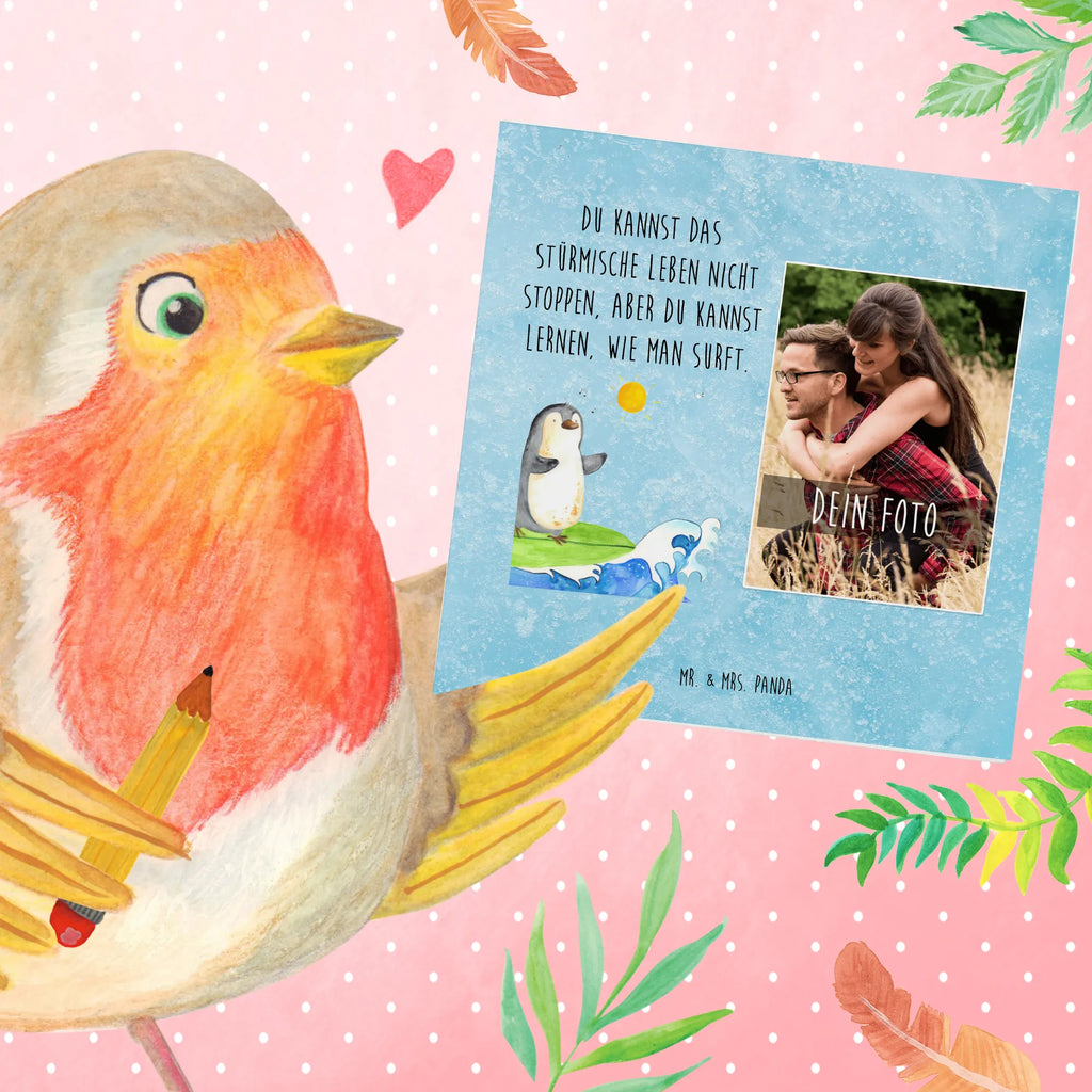 Personalized Photo Deluxe Card Penguin surfer Personalisierte Foto Grußkarte, Pinguin, Pinguine, surfen, Surfer, Hawaii, Urlaub, Wellen, Wellen reiten, Portugal