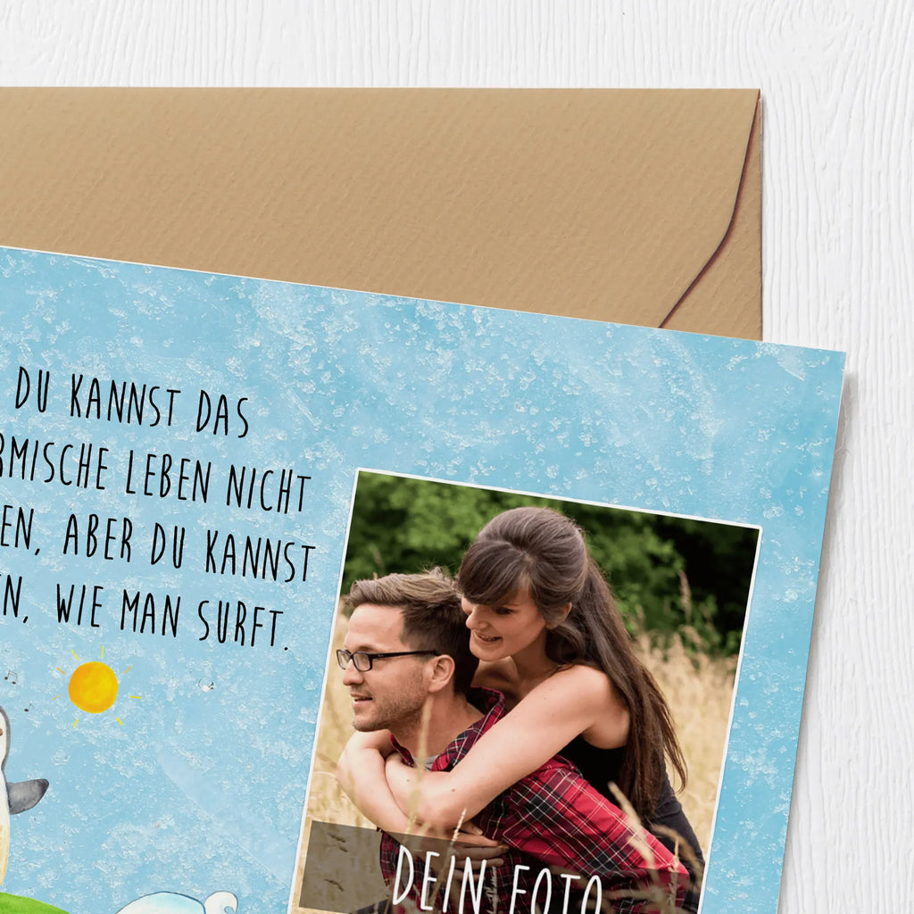 Personalized Photo Deluxe Card Penguin surfer Personalisierte Foto Grußkarte, Pinguin, Pinguine, surfen, Surfer, Hawaii, Urlaub, Wellen, Wellen reiten, Portugal