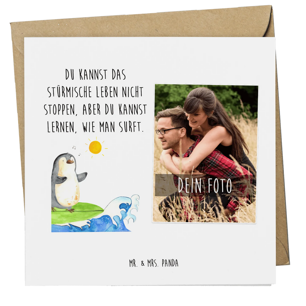 Personalized Photo Deluxe Card Penguin surfer Personalisierte Foto Grußkarte, Pinguin, Pinguine, surfen, Surfer, Hawaii, Urlaub, Wellen, Wellen reiten, Portugal