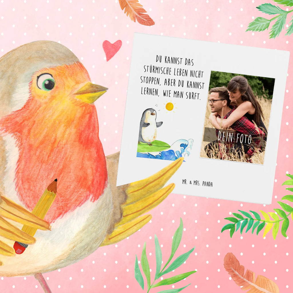 Personalized Photo Deluxe Card Penguin surfer Personalisierte Foto Grußkarte, Pinguin, Pinguine, surfen, Surfer, Hawaii, Urlaub, Wellen, Wellen reiten, Portugal