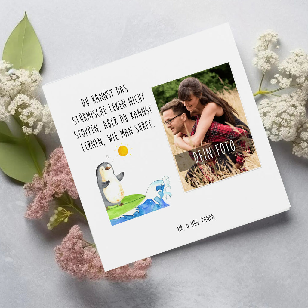 Personalized Photo Deluxe Card Penguin surfer Personalisierte Foto Grußkarte, Pinguin, Pinguine, surfen, Surfer, Hawaii, Urlaub, Wellen, Wellen reiten, Portugal