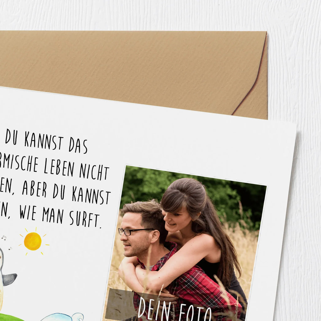 Personalized Photo Deluxe Card Penguin surfer Personalisierte Foto Grußkarte, Pinguin, Pinguine, surfen, Surfer, Hawaii, Urlaub, Wellen, Wellen reiten, Portugal