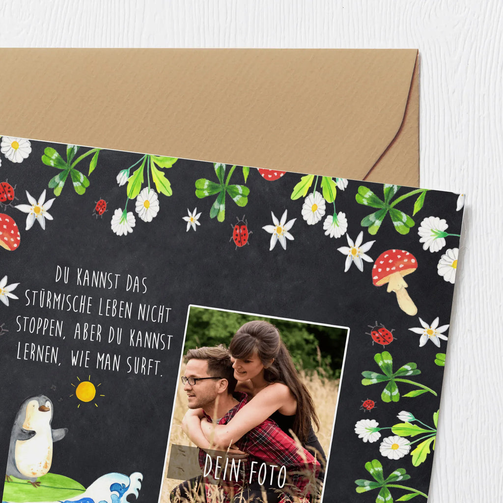 Personalized Photo Deluxe Card Penguin surfer Personalisierte Foto Grußkarte, Pinguin, Pinguine, surfen, Surfer, Hawaii, Urlaub, Wellen, Wellen reiten, Portugal
