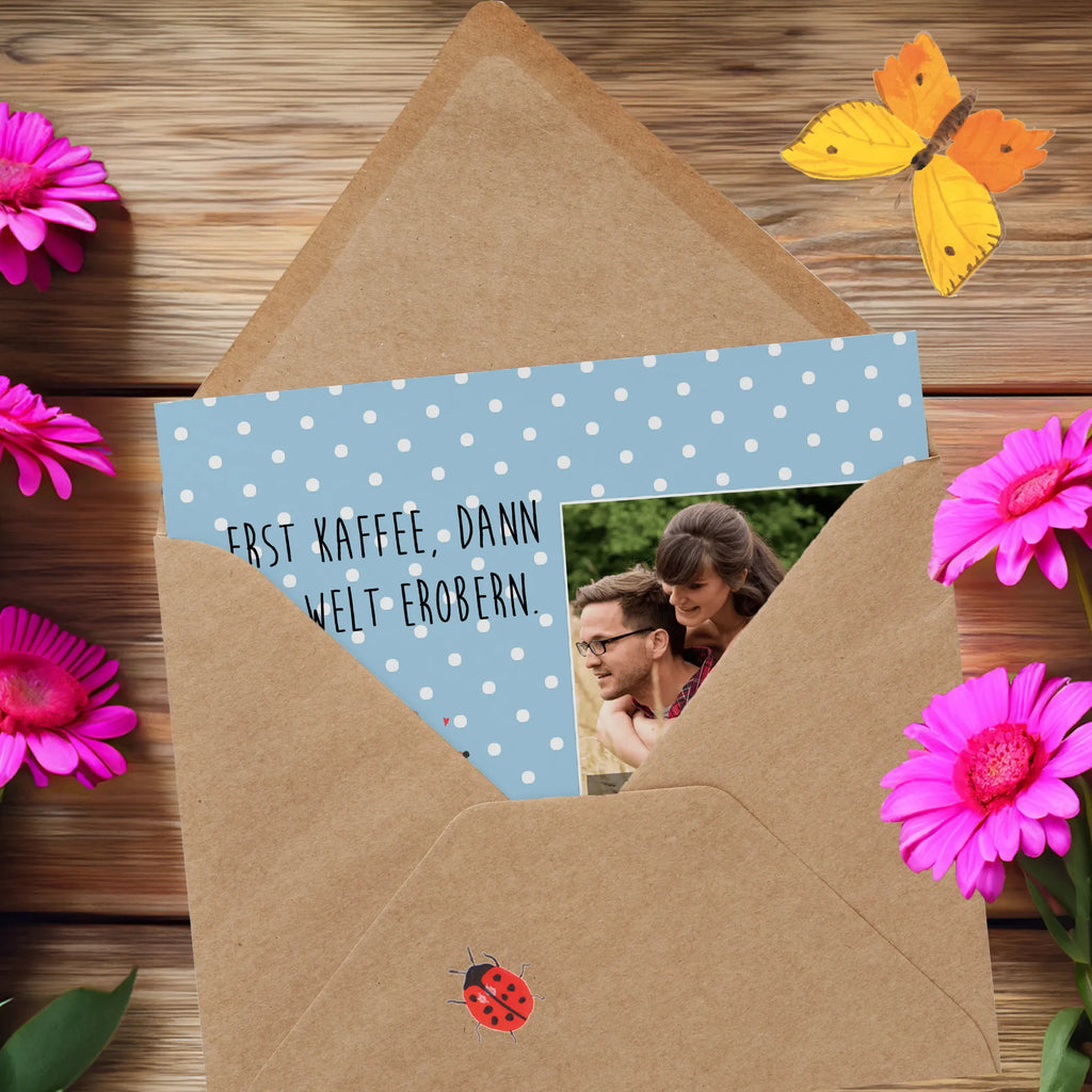 Personalized Photo Deluxe Card bear Coffee Personalisierte Foto Grußkarte, Bär, Teddy, Teddybär, Bären, guten Morgen, Morgenroutine, Kaffee, Coffee, Welt retten, Motivation, Welt erobern