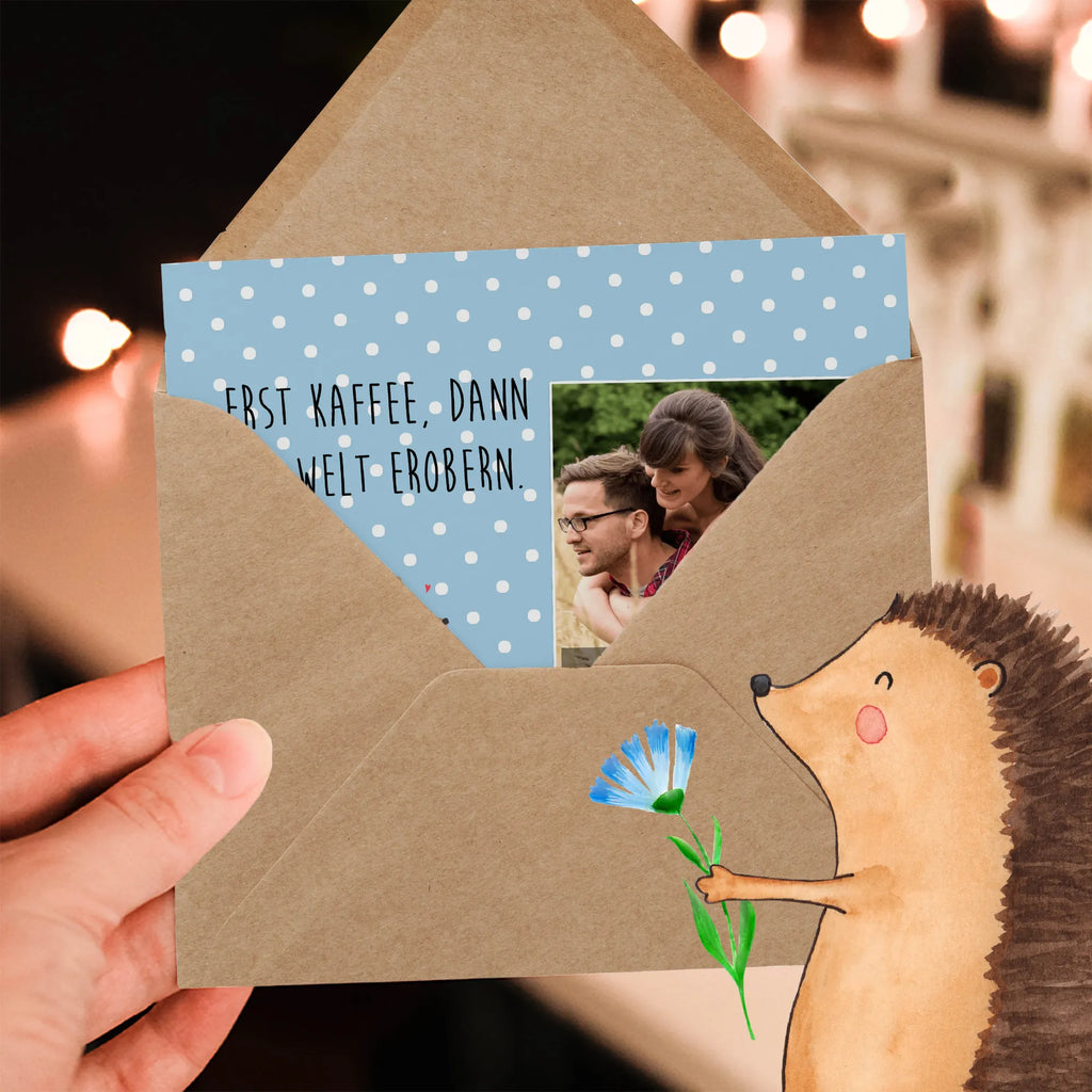 Personalized Photo Deluxe Card bear Coffee Personalisierte Foto Grußkarte, Bär, Teddy, Teddybär, Bären, guten Morgen, Morgenroutine, Kaffee, Coffee, Welt retten, Motivation, Welt erobern