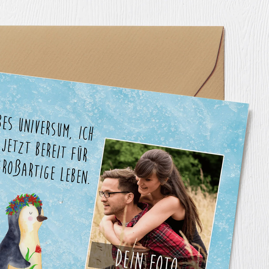 Personalized Photo Deluxe Card Penguin Flower Personalisierte Foto Grußkarte, Pinguin, Pinguine, Blumenkranz, Universum, Leben, Wünsche, Ziele, Lebensziele, Motivation, Lebenslust, Liebeskummer, Geschenkidee