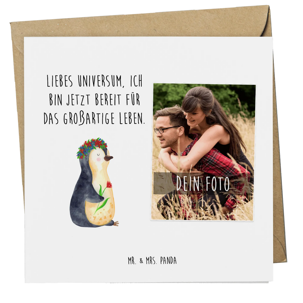 Personalized Photo Deluxe Card Penguin Flower Personalisierte Foto Grußkarte, Pinguin, Pinguine, Blumenkranz, Universum, Leben, Wünsche, Ziele, Lebensziele, Motivation, Lebenslust, Liebeskummer, Geschenkidee