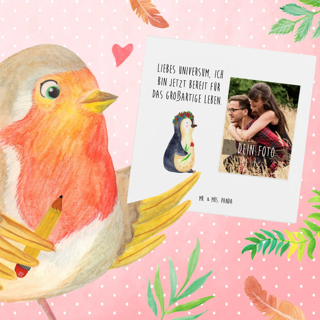 Personalized Photo Deluxe Card Penguin Flower Personalisierte Foto Grußkarte, Pinguin, Pinguine, Blumenkranz, Universum, Leben, Wünsche, Ziele, Lebensziele, Motivation, Lebenslust, Liebeskummer, Geschenkidee