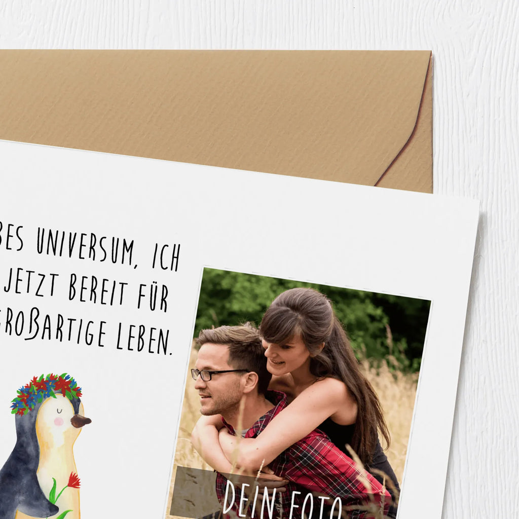 Personalized Photo Deluxe Card Penguin Flower Personalisierte Foto Grußkarte, Pinguin, Pinguine, Blumenkranz, Universum, Leben, Wünsche, Ziele, Lebensziele, Motivation, Lebenslust, Liebeskummer, Geschenkidee