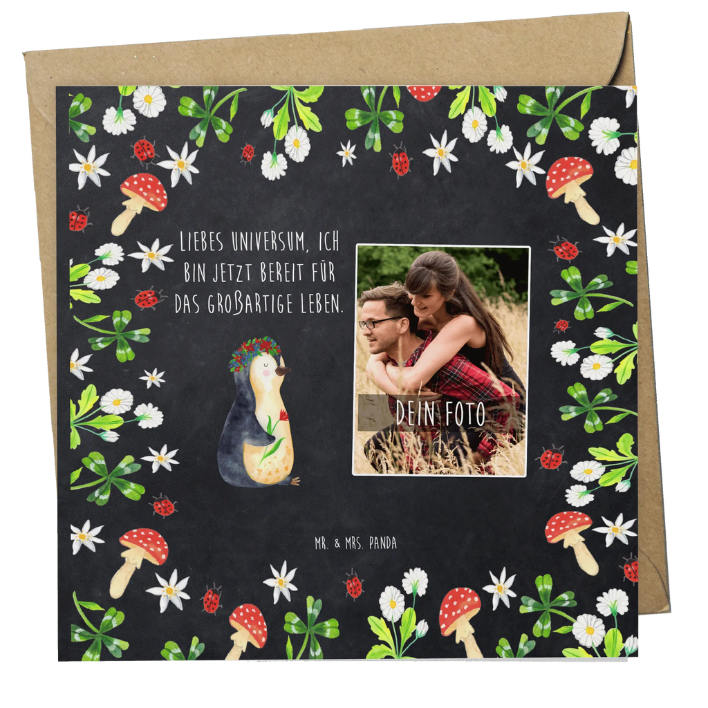 Personalized Photo Deluxe Card Penguin Flower Personalisierte Foto Grußkarte, Pinguin, Pinguine, Blumenkranz, Universum, Leben, Wünsche, Ziele, Lebensziele, Motivation, Lebenslust, Liebeskummer, Geschenkidee