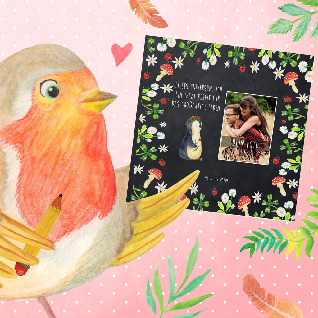 Personalized Photo Deluxe Card Penguin Flower Personalisierte Foto Grußkarte, Pinguin, Pinguine, Blumenkranz, Universum, Leben, Wünsche, Ziele, Lebensziele, Motivation, Lebenslust, Liebeskummer, Geschenkidee