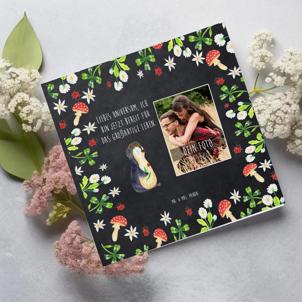 Personalized Photo Deluxe Card Penguin Flower Personalisierte Foto Grußkarte, Pinguin, Pinguine, Blumenkranz, Universum, Leben, Wünsche, Ziele, Lebensziele, Motivation, Lebenslust, Liebeskummer, Geschenkidee