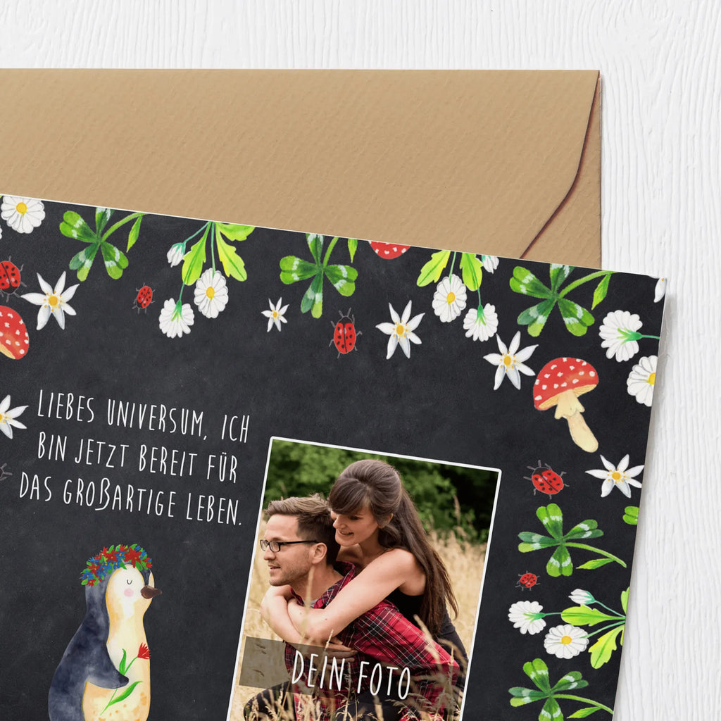 Personalized Photo Deluxe Card Penguin Flower Personalisierte Foto Grußkarte, Pinguin, Pinguine, Blumenkranz, Universum, Leben, Wünsche, Ziele, Lebensziele, Motivation, Lebenslust, Liebeskummer, Geschenkidee