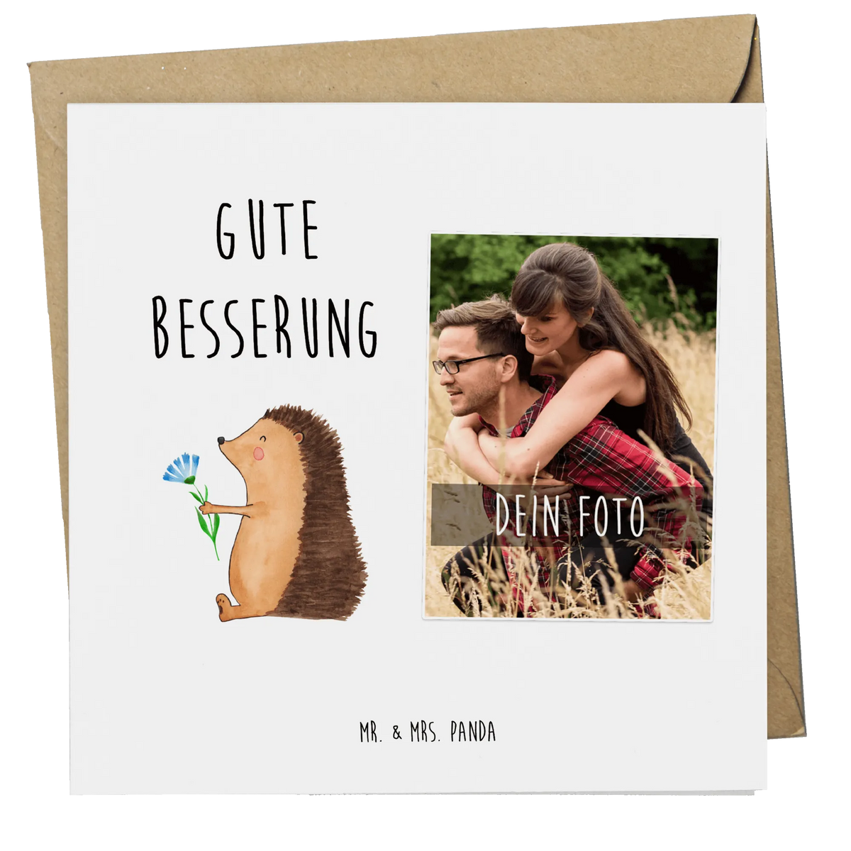 Personalisierte Foto Deluxe Karte Igel Blumen Fotokarte, Personalisierte Foto Grußkarte, Lustige Sprüche, Tiere, Tiermotive, Gute Laune, Igel, Besuch, Krankenhaus, krank, Gute Besserung, Krankheit, Genesungswünsche