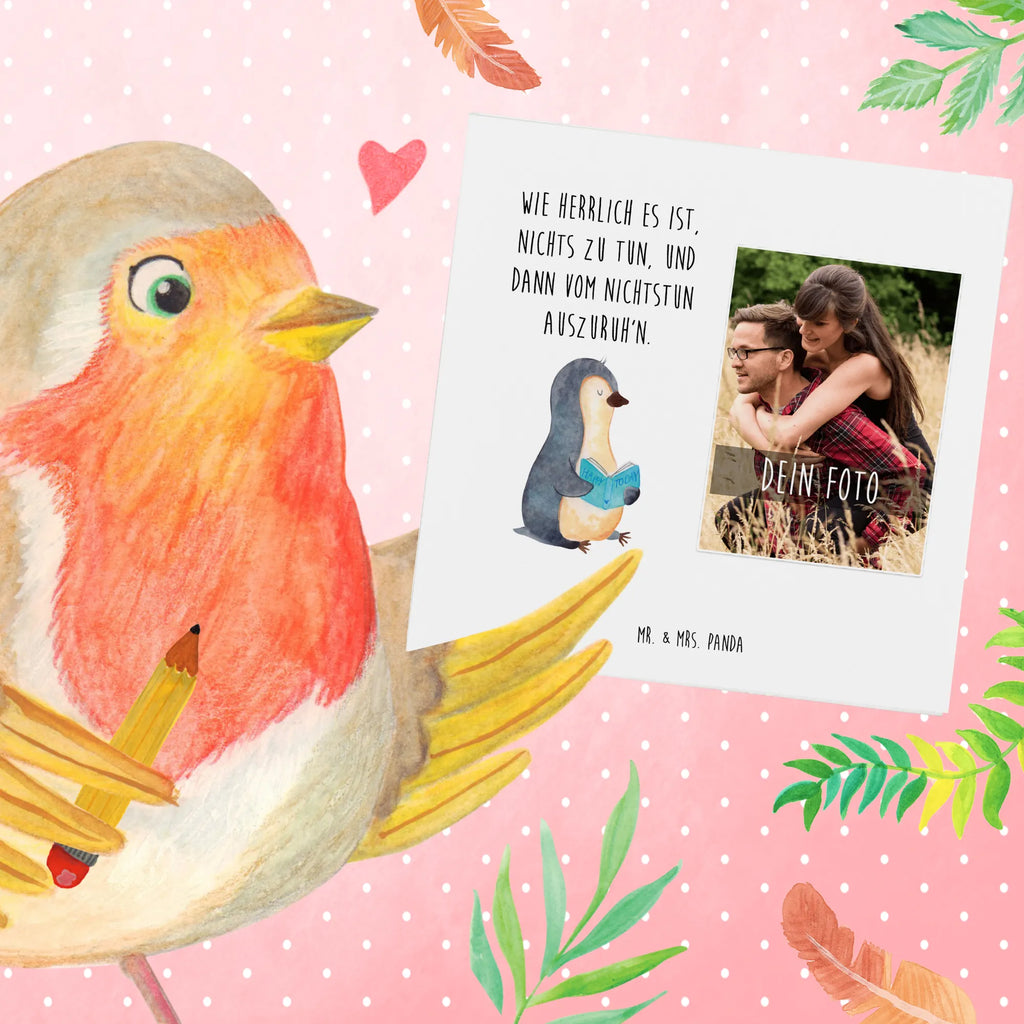 Personalized Photo Deluxe Card Penguin A book Personalisierte Foto Grußkarte, Pinguin, Pinguine, Buch, Lesen, Bücherwurm, Nichtstun, Faulenzen, Ferien, Urlaub, Freizeit