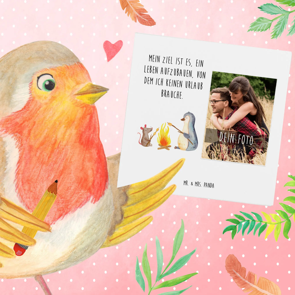 Personalized Photo Deluxe Card Penguin campfire Personalisierte Foto Grußkarte, Pinguin, Maus, Pinguine, Lagerfeuer, Leben, Arbeit, Job, Motivation, Büro, Büroalltag, Lebensspruch, Lebensmotivation, Neustart, Liebe, grillen, Feuer, Marshmallows