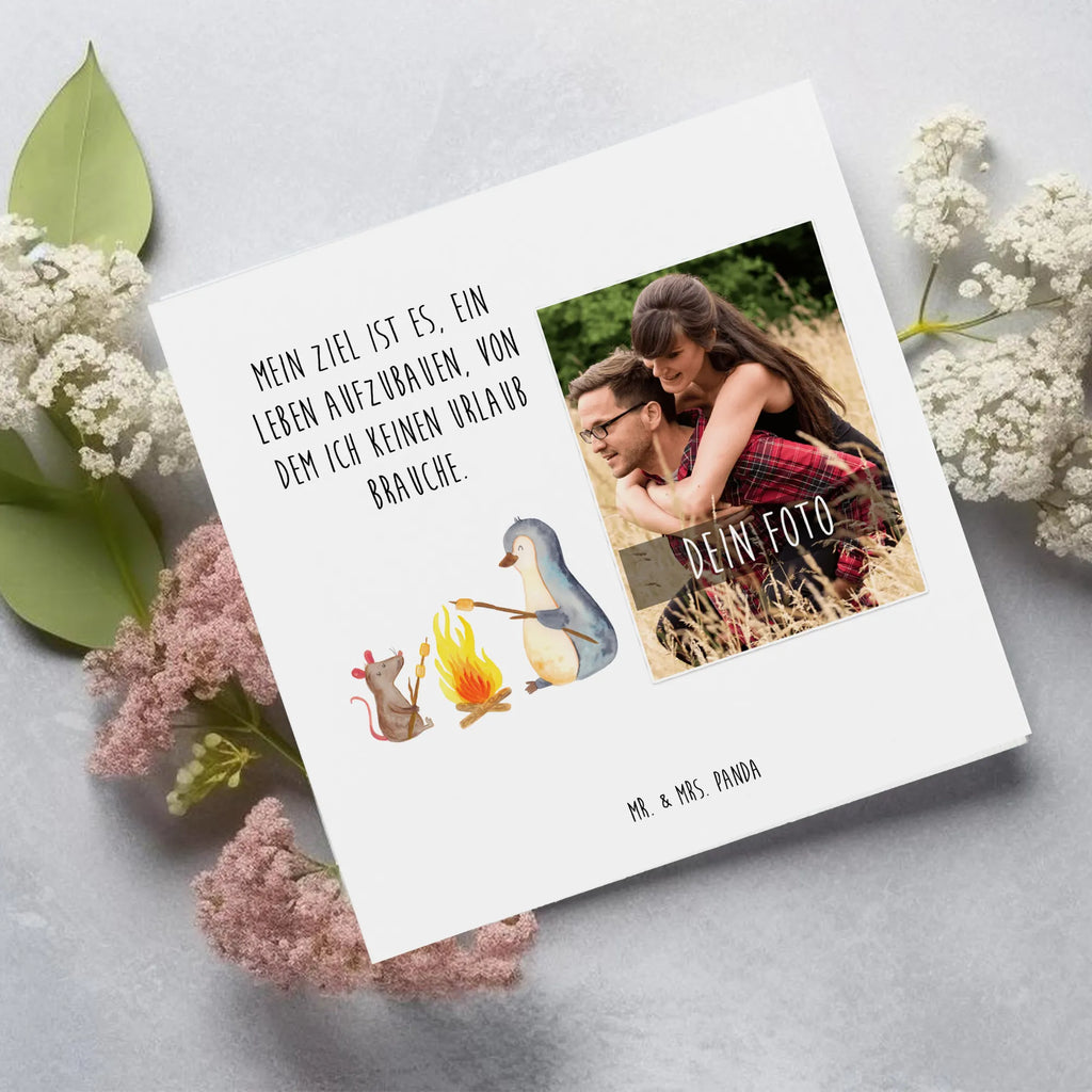 Personalized Photo Deluxe Card Penguin campfire Personalisierte Foto Grußkarte, Pinguin, Maus, Pinguine, Lagerfeuer, Leben, Arbeit, Job, Motivation, Büro, Büroalltag, Lebensspruch, Lebensmotivation, Neustart, Liebe, grillen, Feuer, Marshmallows