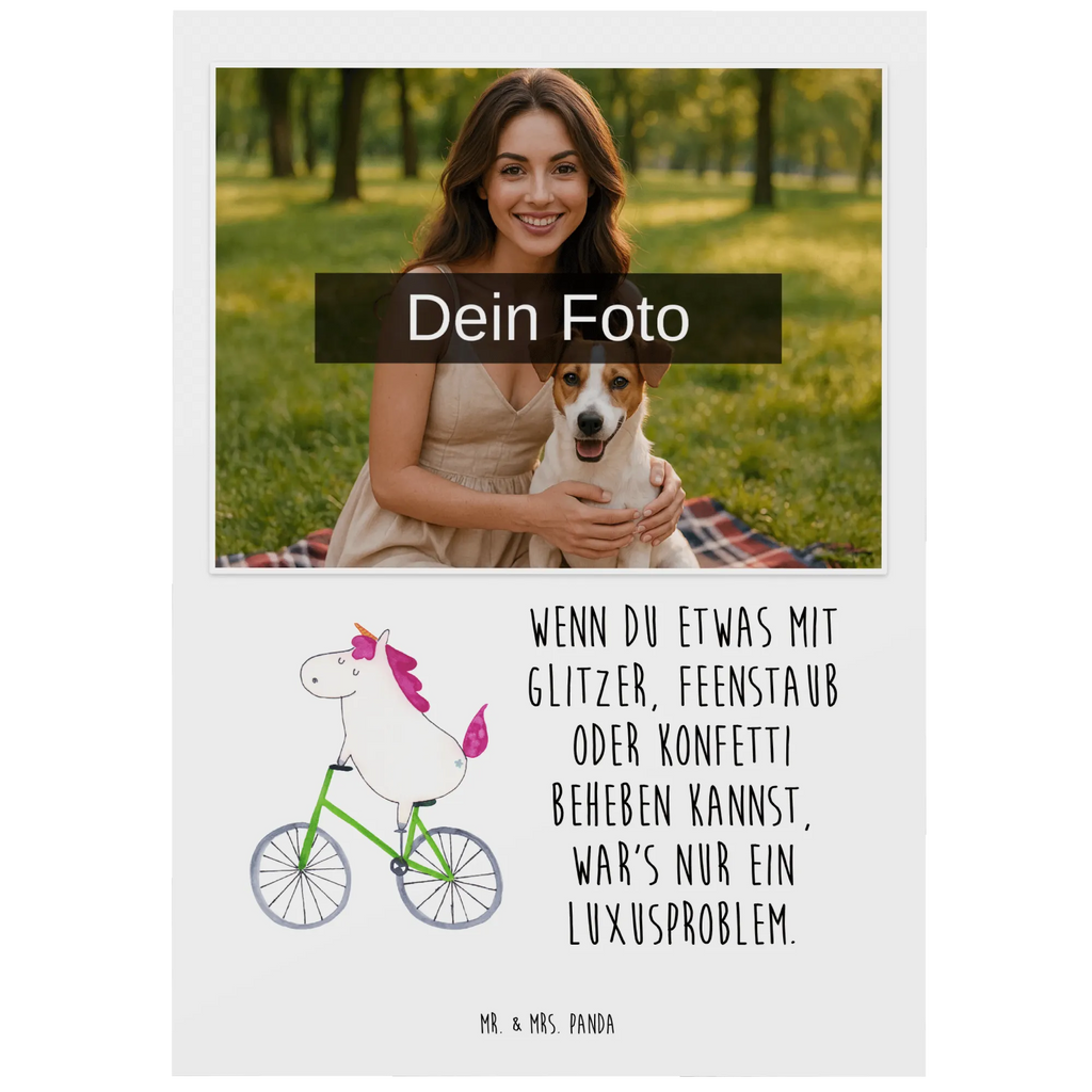 Personalized Photo Postcard unicorn cyclist Personalisierte Foto Postkarte, Einhorn, Einhörner, Einhorn Deko, Unicorn, Radfahren, Radfahrer, Rad, Bike, Feenstaub, Konfetti, Luxusproblem, Kummer, Liebeskummer