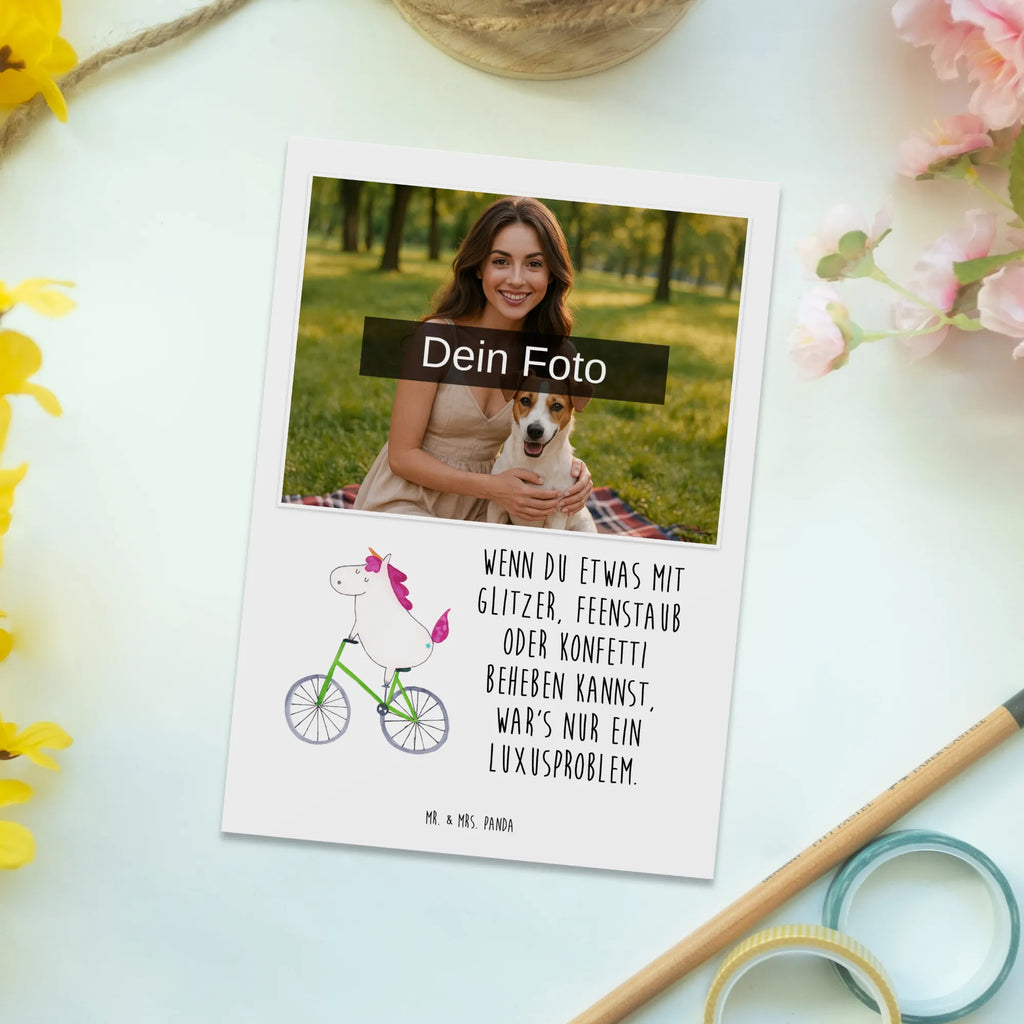 Personalized Photo Postcard unicorn cyclist Personalisierte Foto Postkarte, Einhorn, Einhörner, Einhorn Deko, Unicorn, Radfahren, Radfahrer, Rad, Bike, Feenstaub, Konfetti, Luxusproblem, Kummer, Liebeskummer