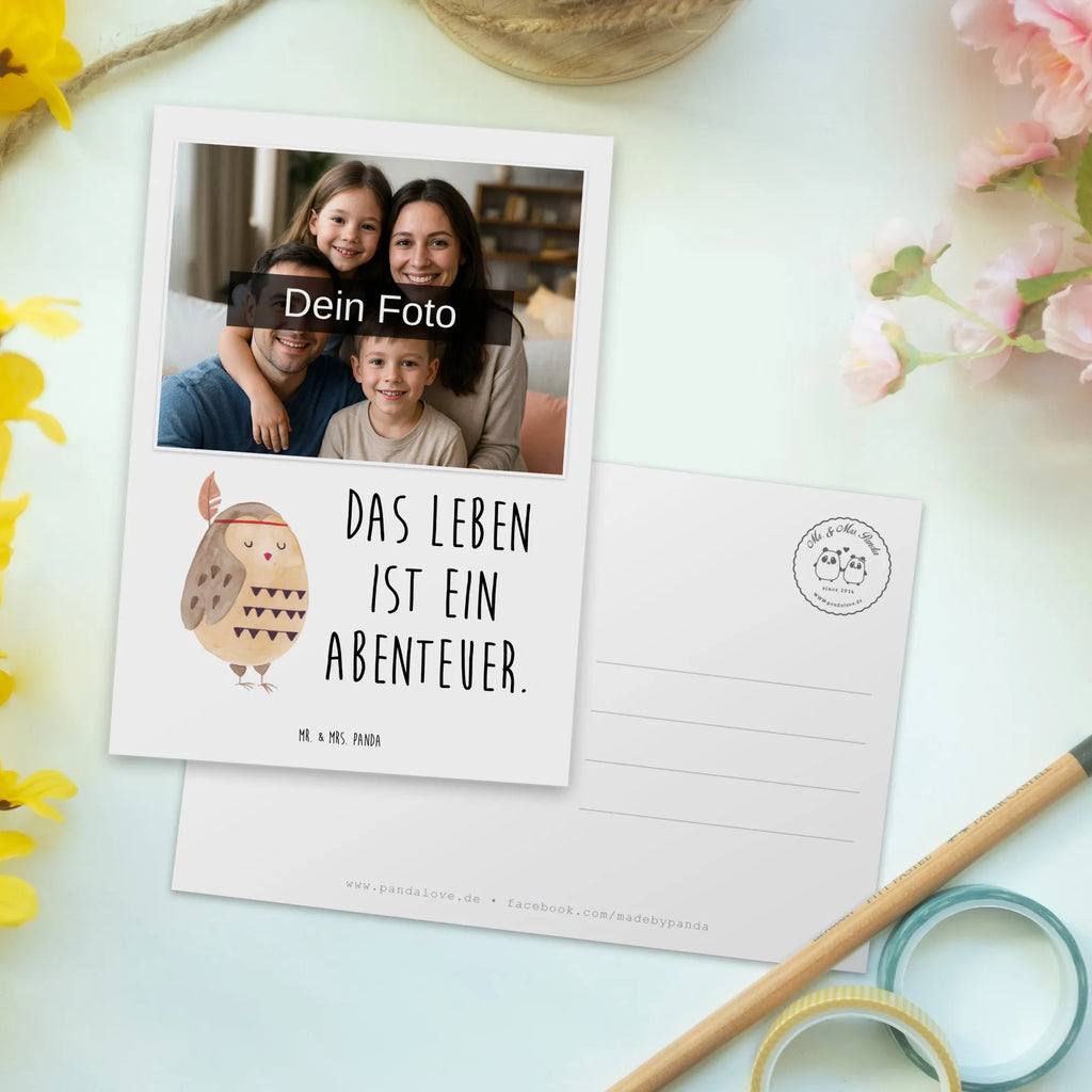 Personalized Photo Postcard Owl feather headdress Personalisierte Foto Postkarte, Eule, Das Leben ist ein Abenteuer, Reisespruch, Owl, Eule Deko, Dekoration, Federschmuck