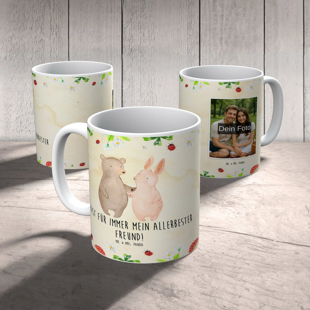 Personalizowany kubek ze zdjęciem Niedźwiedź i królik Przytulać Personalisierte Foto Tasse, Liebe, Partner, Freund, Freundin, Ehemann, Ehefrau, Heiraten, Verlobung, Heiratsantrag, Liebesgeschenk, Jahrestag, Hocheitstag, Bärchen, Hase, Bär, best friends, bester Freund, Freunde