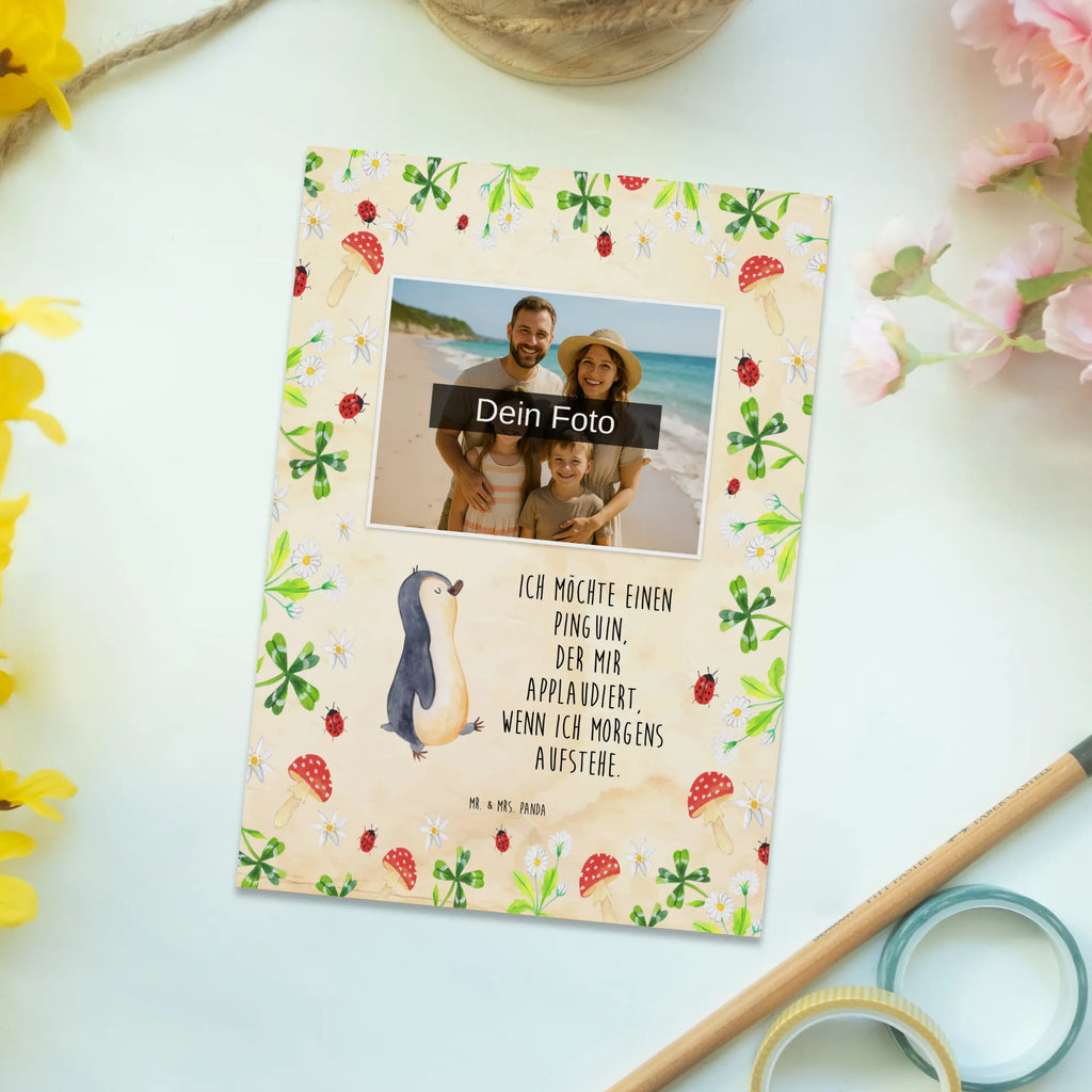 Personalized Photo Postcard Penguin march Personalisierte Foto Postkarte, Pinguin, Pinguine, Frühaufsteher, Langschläfer, Bruder, Schwester, Familie