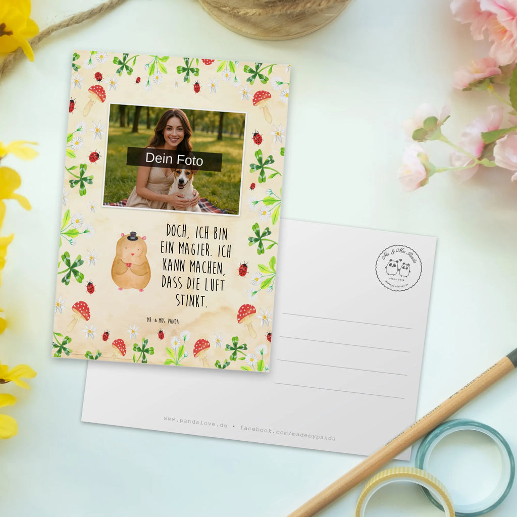 Personalized Photo Postcard hamster cap Personalisierte Foto Postkarte, Tiermotive, Gute Laune, lustige Sprüche, Tiere, Hamster, Hut, Magier, Zylinder, Zwerghamster, Zauberer