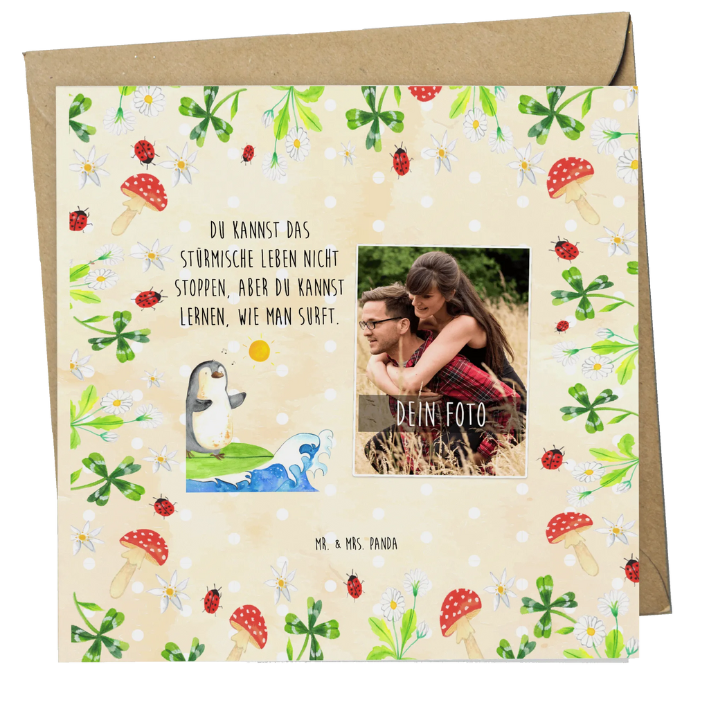 Personalized Photo Deluxe Card Penguin surfer Personalisierte Foto Grußkarte, Pinguin, Pinguine, surfen, Surfer, Hawaii, Urlaub, Wellen, Wellen reiten, Portugal