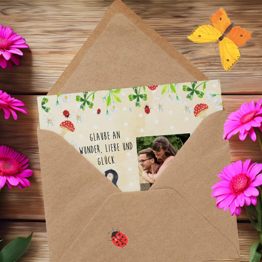 Personalized Photo Deluxe Card Penguin ladybug Personalisierte Foto Grußkarte, Pinguin, Pinguine, Marienkäfer, Liebe, Wunder, Glück, Freude, Lebensfreude