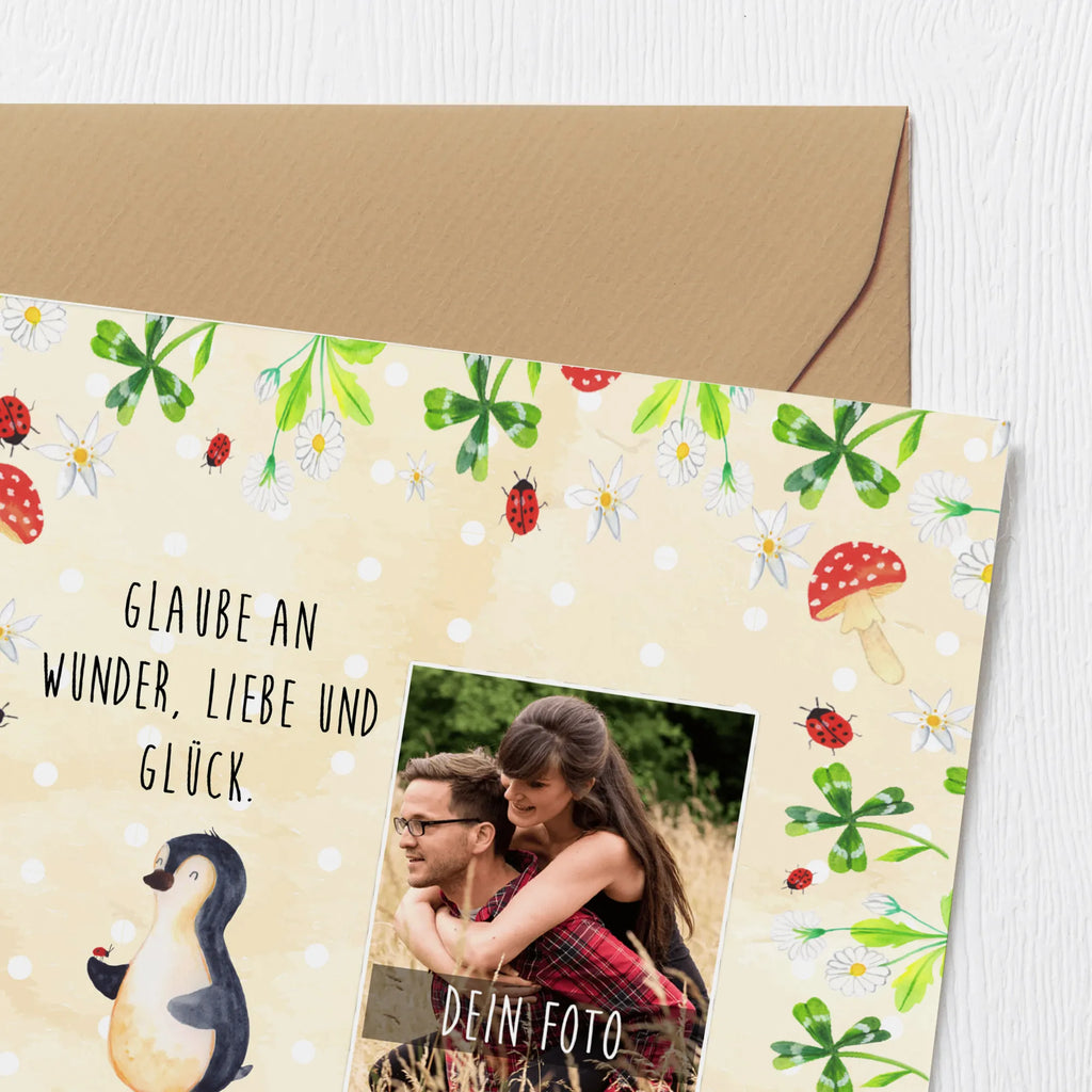 Personalized Photo Deluxe Card Penguin ladybug Personalisierte Foto Grußkarte, Pinguin, Pinguine, Marienkäfer, Liebe, Wunder, Glück, Freude, Lebensfreude