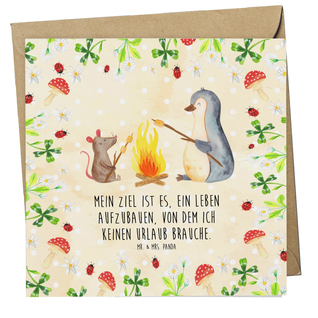 Deluxe Karte Pinguin Lagerfeuer doppelkarte, anlasskarte, Klappkarte, Glückwunschkarte, Grußkarte, faltkarte, Pinguin, Lebensspruch, Liebe, Büroalltag, Neustart, Maus, Motivation, Arbeit, Leben, Marshmallows, Lagerfeuer, Büro, Grillen, Lebensmotivation, Pinguine, Job, Feuer