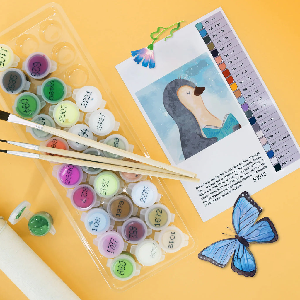 Malowanie według numerów odcięty pingwin książka Motiv Bastelidee, DIY, Malen, Ausmalbild, Kreativität, Malen nach Zahlen, Baseln, Kunstwerk, Künstler, Pinguin, Bücherwurm, Freizeit, Nichtstun, Ferien, Faulenzen, Urlaub, Pinguine, Buch, Lesen