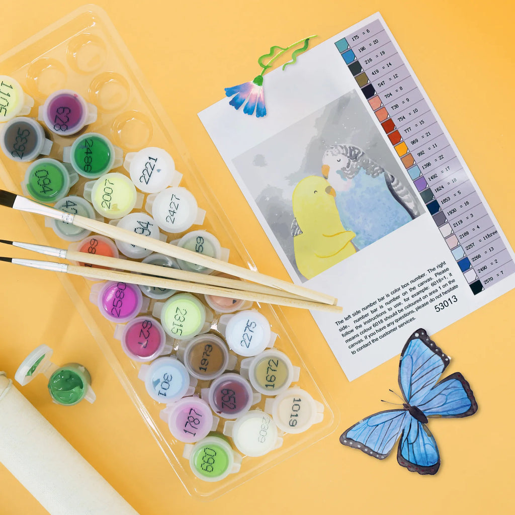 Paint by Numbers cut off Parakeets in love Motiv Bastelidee, Ausmalbild, Malen, Kreativität, Baseln, Malen nach Zahlen, DIY, Künstler, Kunstwerk, Liebe, Partner, Freund, Freundin, Ehemann, Ehefrau, Heiraten, Verlobung, Heiratsantrag, Liebesgeschenk, Jahrestag, Hocheitstag, Wellensittich, Kuscheln, Nähe, Vertrauen, Vögel