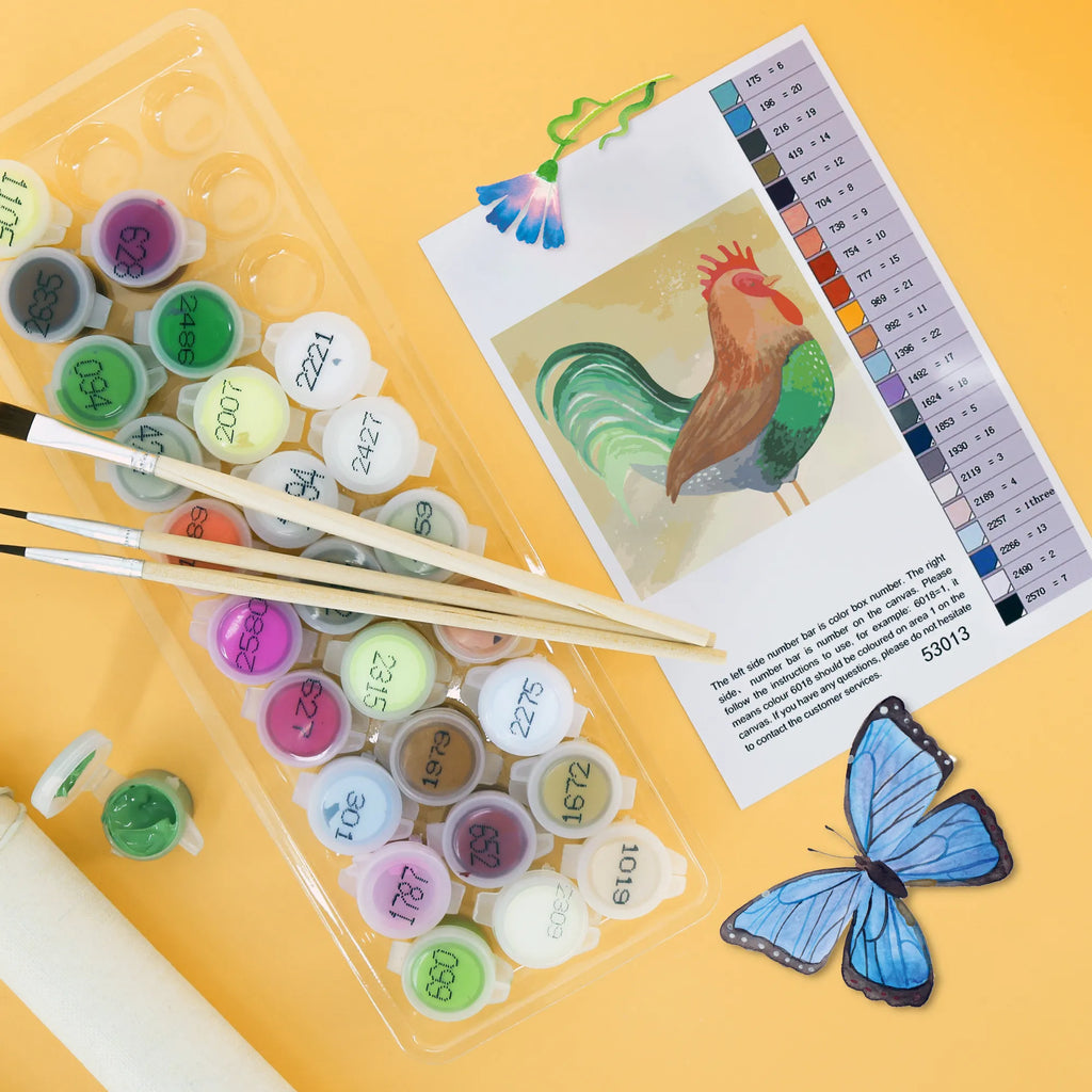 Malowanie według numerów odcięty kogut ziarno Motiv Malen nach Zahlen, Baseln, DIY, Bastelidee, Kreativität, Künstler, Ausmalbild, Kunstwerk, Malen, Bauernhof, Hoftiere, Landwirt, Landwirtin, Korn, Eier, Natur, Hahn, Henne