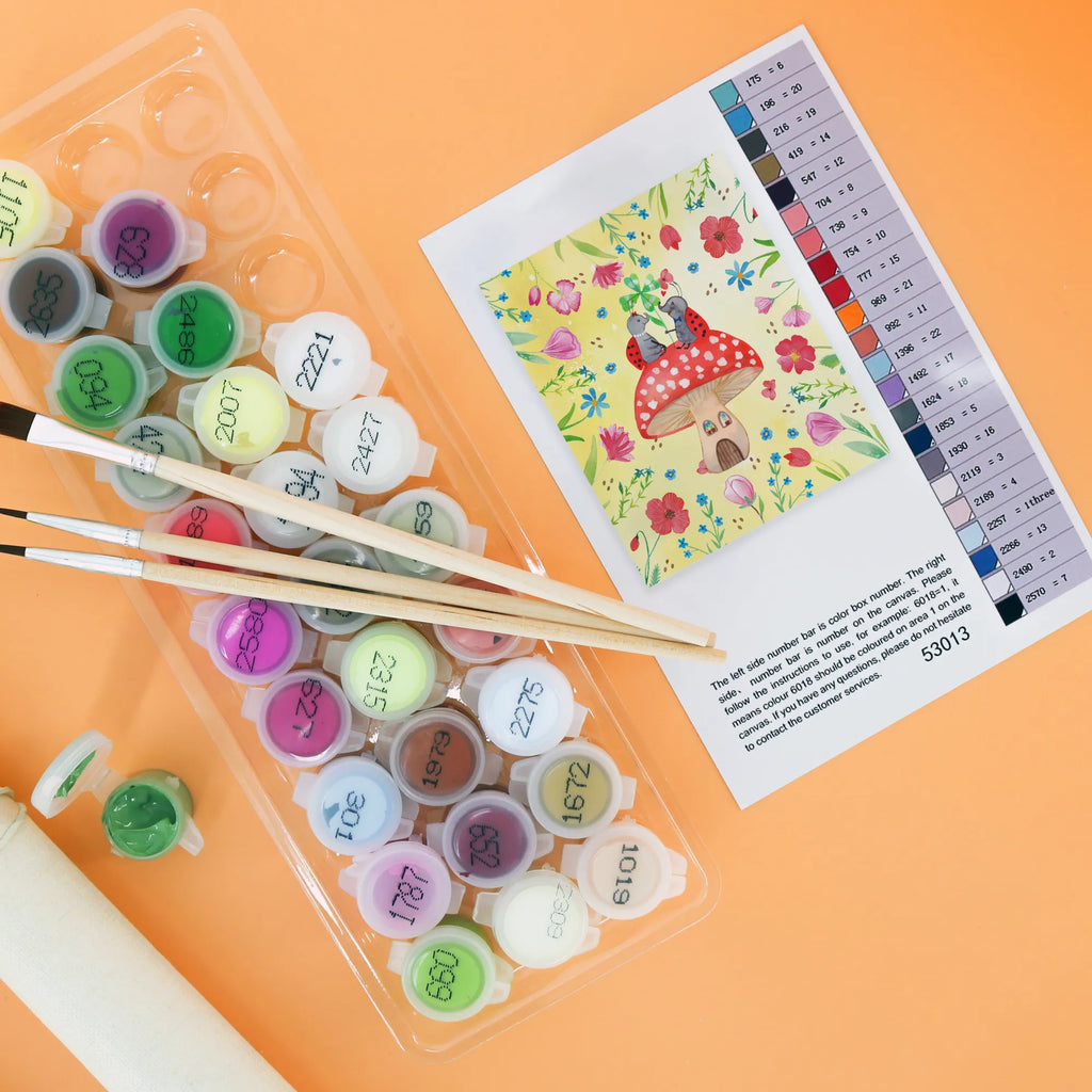 Paint by Numbers ladybug toadstool Künstler, Kunstwerk, Kreativität, Malen, DIY, Ausmalbild, Malen nach Zahlen, Baseln, Bastelidee, Tiermotive, Gute Laune, lustige Sprüche, Tiere, Wohnung, zuhause, Fliegenpilz, Haus, Marienkäfer, Fleigenpilzhaus