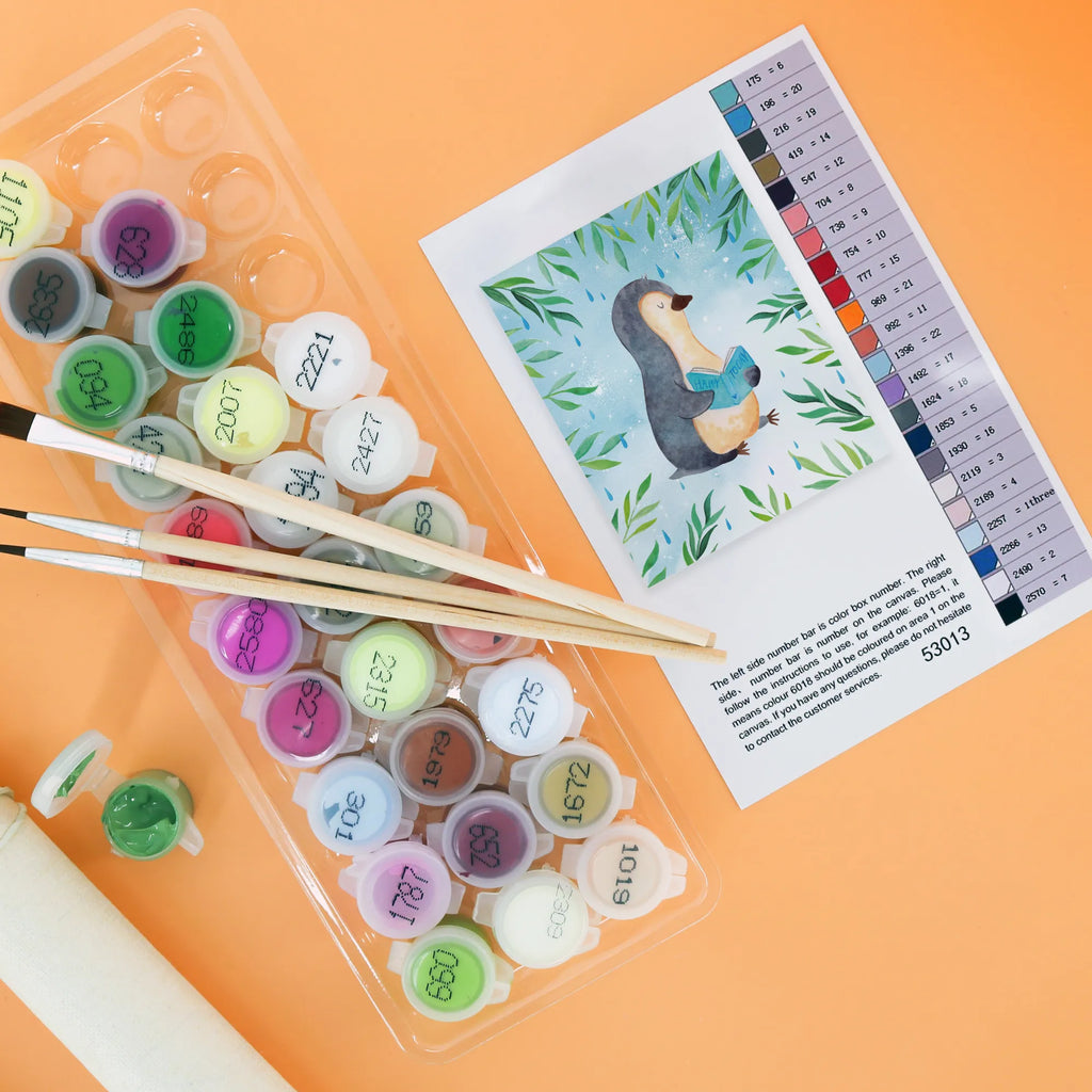 Paint by Numbers Penguin A book Kunstwerk, Ausmalbild, Künstler, Malen, Bastelidee, Kreativität, DIY, Baseln, Malen nach Zahlen, Pinguin, Lesen, Bücherwurm, Ferien, Urlaub, Nichtstun, Pinguine, Buch, Faulenzen, Freizeit