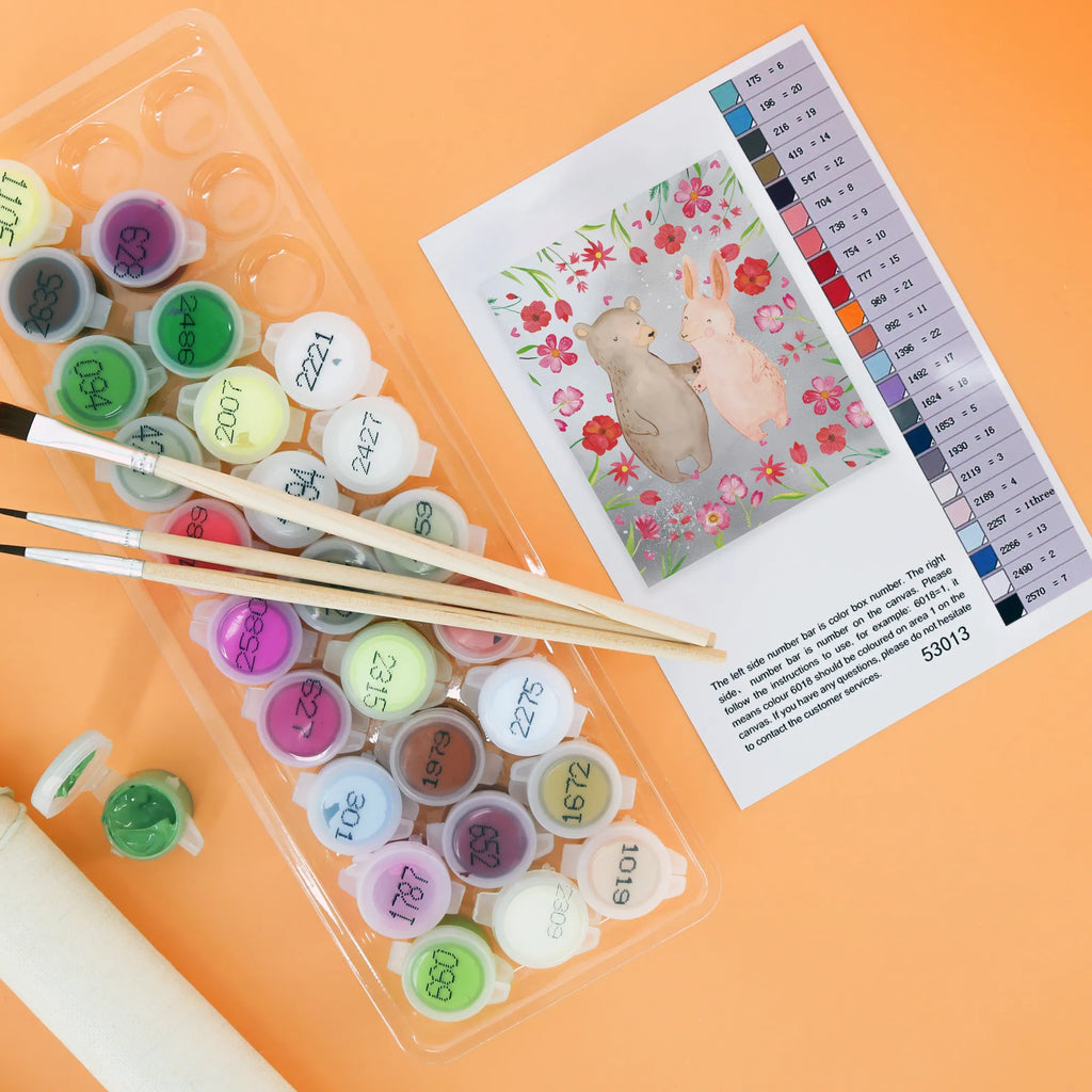 Paint by Numbers bear and rabbit Embrace Ausmalbild, Kunstwerk, Baseln, Bastelidee, DIY, Künstler, Malen, Malen nach Zahlen, Kreativität, Liebe, Partner, Freund, Freundin, Ehemann, Ehefrau, Heiraten, Verlobung, Heiratsantrag, Liebesgeschenk, Jahrestag, Hocheitstag, Bärchen, Bär, best friends, Hase, Freunde, bester Freund