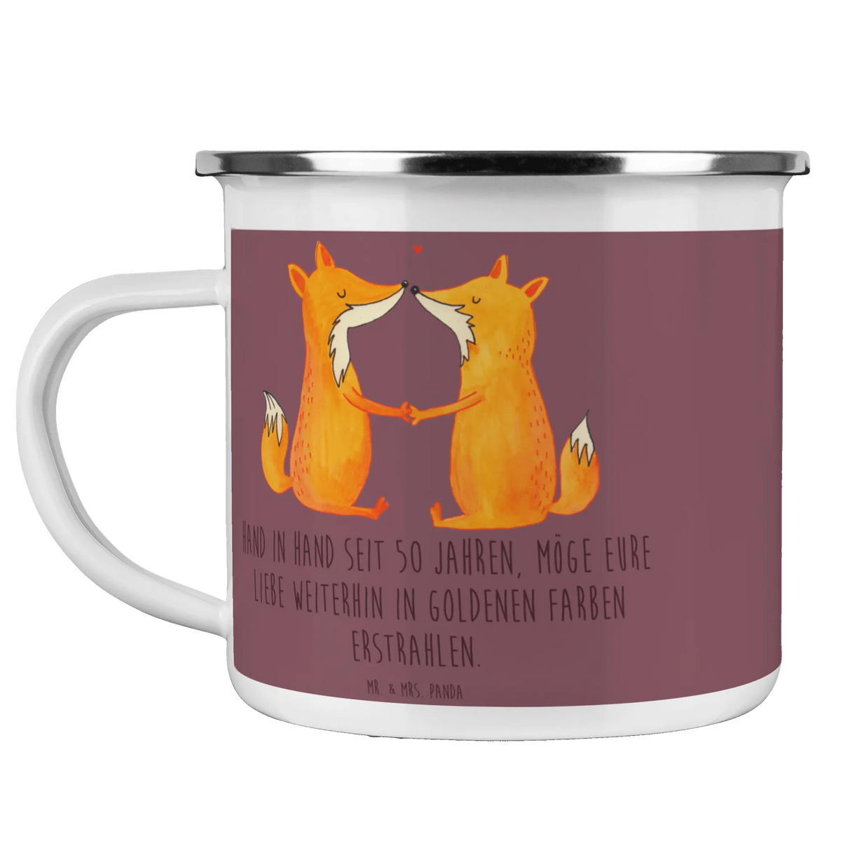 Enamel camping mug Hand in Hand seit 50 Jahren, möge eure Liebe weiterhin in goldenen Farben erstrahlen.