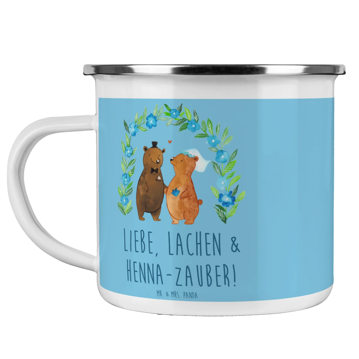 Kempingowy kubek emaliowany Liebe, Lachen & Henna-Zauber! pomysły na prezenty weselne, prezent z zaręczyn, prezenty weselne dla pary młodej, prezent z ceremonii, ceremonia, przyjęcie weselne, przyjęcie zaręczynowe, małżeństwo, prezent weselny, karta weselna, Wesele