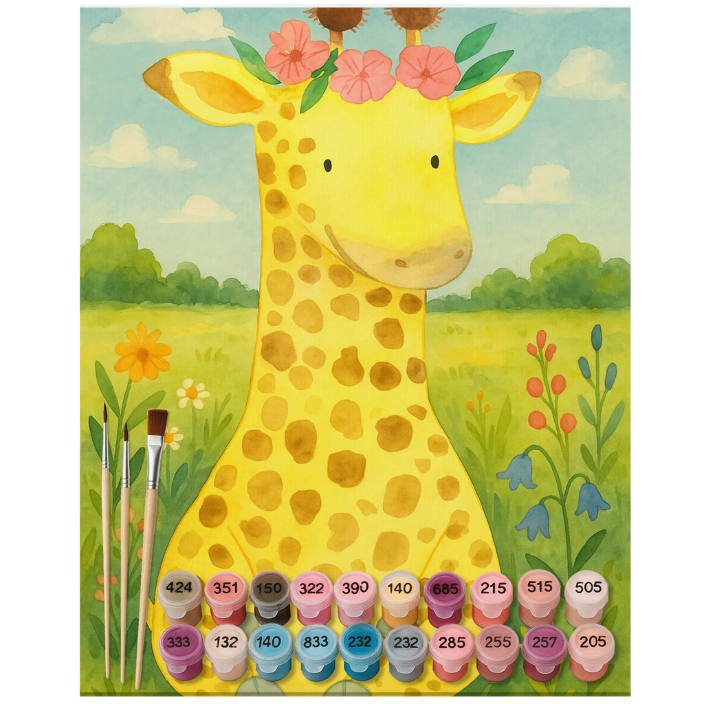 Paint by Numbers giraffe flower wreath Design Baseln, DIY, Ausmalbild, Künstler, Bastelidee, Kreativität, Kunstwerk, Malen nach Zahlen, Malen, Afrika, Wildtiere, Blumenkranz, Freundin, Selbstliebe, Giraffe, Abenteurer
